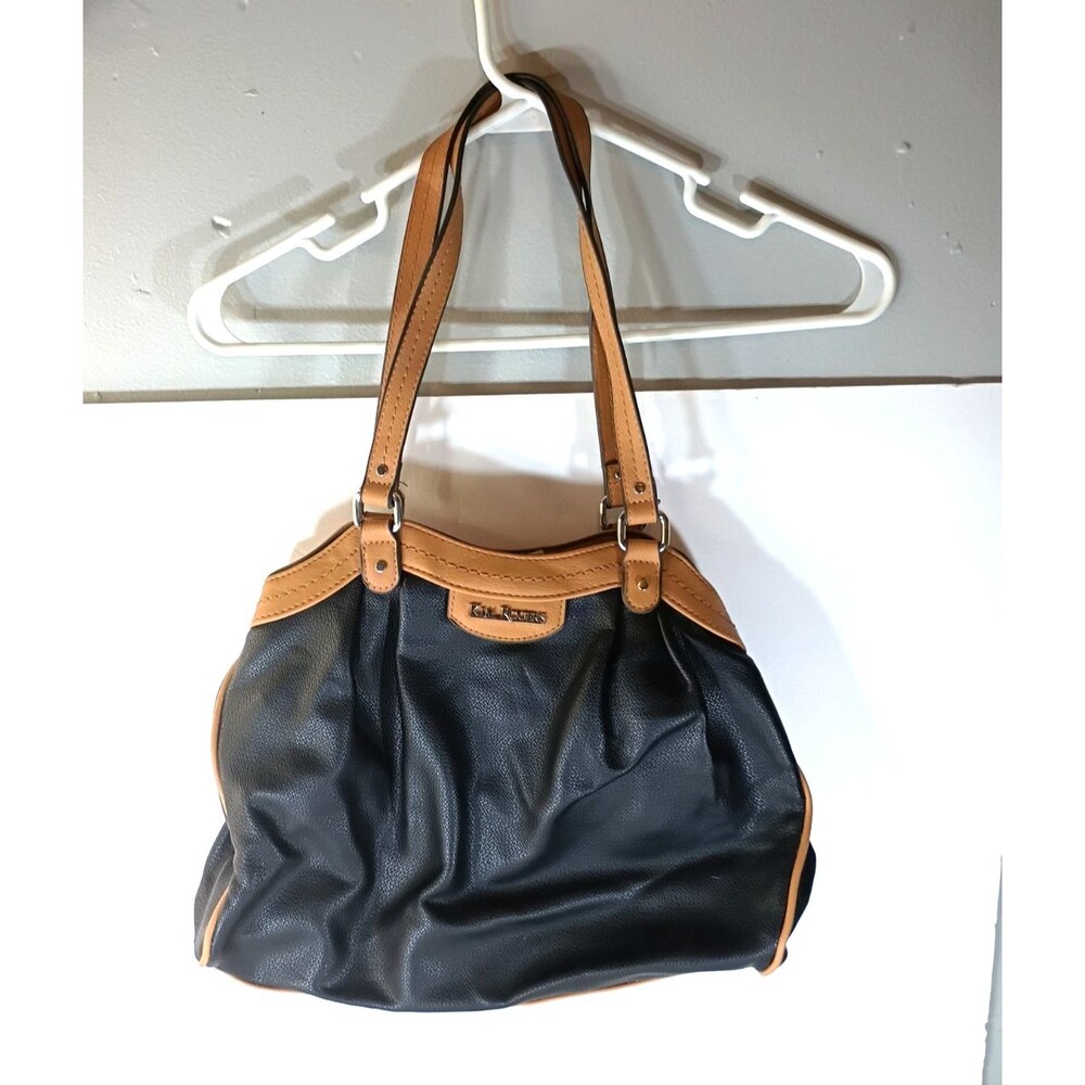 Kim Rogers Black Slouchy Hobo Tote Purse Pleated Textured Tan Trim Shoulder Bag